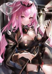 Rule 34 | 1girl, black cloak, black dress, black thighhighs, blush, breasts, center opening, cleavage, cloak, closed mouth, commentary, cowboy shot, detached sleeves, dress, highres, holding, holding scythe, hololive, hololive english, large breasts, leaning forward, light smile, long hair, looking at viewer, mori calliope, pink eyes, pink hair, scythe, see-through, see-through sleeves, single thighhigh, smile, solo, soraneko hino, spikes, straight hair, thighhighs, thighs, tiara, veil, virtual youtuber