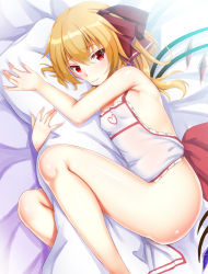 Rule 34 | 1girl, apron, blonde hair, blush, body pillow, breasts, ebi 193, flandre scarlet, hair ribbon, looking at viewer, lying, naked apron, hugging object, on side, pillow, pillow hug, plump, red eyes, ribbon, side ponytail, small breasts, solo, tears, touhou, tsurime, wings