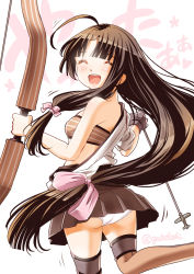Rule 34 | 10s, 1girl, ^ ^, ahoge, bare shoulders, bow (weapon), brown hair, closed eyes, closed eyes, gloves, hair ribbon, hiyou (kancolle), kantai collection, long hair, low-tied long hair, off shoulder, open mouth, panties, pantyshot, ribbon, shouhou (kancolle), single glove, skirt, smile, sogabe toshinori, solo, strapless, tube top, underwear, very long hair, weapon, white panties