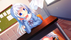 Rule 34 | 1girl, arm support, blue shirt, blurry, blurry background, blush, chair, chinomaron, closed mouth, commentary request, curtains, day, depth of field, desk, gochuumon wa usagi desu ka?, hair between eyes, hair ornament, hand up, head tilt, highres, indoors, kafuu chino, long sleeves, looking away, looking to the side, neck ribbon, on chair, pleated skirt, red ribbon, ribbon, sailor collar, school chair, school desk, school uniform, serafuku, shirt, sitting, skirt, sleeves past wrists, smile, solo, sunlight, white sailor collar, white skirt, window, x hair ornament