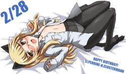 Rule 34 | 1girl, animal ears, bad id, bad pixiv id, black pantyhose, blonde hair, blush, cat ears, cat tail, character name, collarbone, crotch seam, dakku (ogitsune), feet, flat chest, glasses, happy birthday, long hair, long sleeves, lying, navel, on back, open clothes, open mouth, open shirt, panties, panties under pantyhose, pantyhose, perrine h. clostermann, shirt, sleeves past wrists, solo, strike witches, tail, underwear, world witches series, yellow eyes