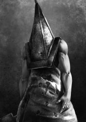 Rule 34 | 1boy, bad id, bad pixiv id, gloves, great knife, greyscale, helmet, knife, male focus, mask, monochrome, monster, muscular, pyramid head, pyramidhead, silent hill, silent hill (series), silent hill 2, solo, sword, umigraphics, weapon