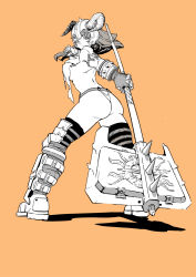 Rule 34 | 1girl, armband, armor, ass, axe, bare shoulders, bracelet, closed mouth, fake horns, fingerless gloves, gloves, greaves, greyscale with colored background, hare (yamihuji), helmet, highres, holding, holding axe, holding weapon, horned helmet, horns, jewelry, long hair, monochrome, orange background, original, simple background, solo, spiked bracelet, spiked helmet, spikes, standing, thighhighs, torn, torn clothes, weapon