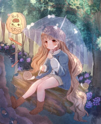 Rule 34 | 1girl, absurdly long hair, absurdres, after rain, animal, arrow (symbol), blue jacket, blunt bangs, blush, boots, brown eyes, brown hair, brown shorts, bus stop sign, bush, collared shirt, constricted pupils, dappled sunlight, day, dot nose, english text, feerie, flower, foliage, frilled shirt collar, frills, full body, gradient eyes, highres, holding, holding umbrella, jacket, layered sleeves, light brown hair, log, long hair, long sleeves, multicolored eyes, nature, original, outdoors, parted lips, puddle, purple flower, rain, rock, shirt, short shorts, shorts, sign, sitting, sitting on log, snail, sunlight, thighs, transparent, transparent umbrella, tree, umbrella, under tree, very long hair, water, wavy hair, white shirt