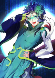 Rule 34 | 1other, absurdres, androgynous, dress, facepaint, facial mark, feathers, forehead mark, gnosia, green eyes, green hair, highres, long hair, long sleeves, looking at viewer, makeup, multicolored hair, other focus, raqio, simple background, solo, streaked hair, tattoo, user fecf7358
