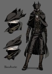 Rule 34 | 1boy, absurdres, armored boots, belt, black capelet, black gloves, black headwear, bloodborne, boots, brown belt, brown coat, brown footwear, brown pants, capelet, character sheet, coat, commentary request, copyright name, full body, gloves, grey background, grey hair, grey shirt, hat, highres, hunter (bloodborne), kamezaemon, knee boots, long sleeves, looking at viewer, male focus, mask, mouth mask, multiple views, pants, profile, shirt, short hair, simple background, standing, tricorne, very short hair