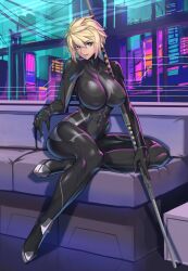 Rule 34 | 1girl, abs, absurdres, alina novikov, artist request, blonde hair, blue eyes, bodysuit, breasts, bulge, catsuit, couch, eyebrows, highres, jumpsuit, kagawa, large breasts, looking at viewer, massive kagawa, muscular, muscular female, original, short hair, sitting, skindentation, solo, staff, staff (weapon), thighs