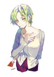 Rule 34 | 1girl, absurdres, arm behind back, closed mouth, commentary request, cropped legs, earrings, green hair, highres, holding, jewelry, looking at viewer, orange eyes, original, pants, red pants, shirt, short hair, signature, simple background, smile, solo, standing, white background, white shirt, yamakawa