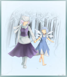 Rule 34 | 2girls, barefoot, cirno, dress, holding hands, happy, letty whiterock, multiple girls, nac0n, perfect cherry blossom, snow, touhou, winter
