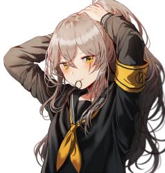 Rule 34 | 1girl, armband, black shirt, blush, breasts, crossed bangs, girls&#039; frontline, grey hair, hair between eyes, hair tie in mouth, holding, holding own hair, long hair, long sleeves, looking at viewer, mouth hold, neckerchief, one side up, scar, scar across eye, scar on face, shirt, sidelocks, silence girl, simple background, small breasts, smile, solo, ump45 (girls&#039; frontline), upper body, white background, white shirt, yellow eyes, yellow neckerchief
