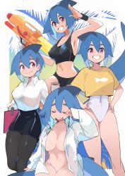 Rule 34 | 1girl, absurdres, azuumori, bikini, black bikini, black pantyhose, black skirt, blue hair, breasts, cleavage, collared shirt, covered erect nipples, covered navel, cup, curtain call challenge (meme), feet out of frame, fins, fish tail, hair between eyes, hands on own hips, highres, large breasts, mako (azuumori), meme, midriff, multicolored hair, multiple views, naked shirt, navel, one-piece swimsuit, open clothes, open shirt, original, outline, pantyhose, parted lips, shark fin, shark girl, shark tail, shirt, skirt, smile, swimsuit, swimsuit under clothes, tail, water gun, white one-piece swimsuit, white outline, white shirt