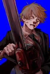 Rule 34 | 1boy, absurdres, black jacket, black necktie, blonde hair, blood, blood on clothes, blood on face, blue background, chainsaw, chainsaw man, collared shirt, denji (chainsaw man), formal, highres, holding, holding chainsaw, holding weapon, jacket, looking at viewer, nakano (2 mannaka), necktie, nosebleed, shirt, short hair, simple background, solo, suit, weapon, white shirt, yellow eyes