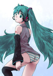 Rule 34 | 1girl, aqua eyes, aqua hair, ass, bare shoulders, detached sleeves, hatsune miku, headset, long hair, looking back, no pants, panties, single thighhigh, sock pull, solo, striped clothes, striped panties, thighhighs, twintails, underwear, very long hair, vocaloid