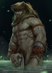 Rule 34 | 1boy, abs, bara, beard, connected beard, covering crotch, covering privates, cowboy shot, facial hair, full beard, hades (series), hades 2, heracles (hades), highres, large pectorals, lion hood, long beard, long hair, looking at viewer, luxarian, male focus, male pubic hair, mature male, muscular, muscular male, mustache, navel, nipples, nude, pectorals, penis, penis peek, pubic hair, solo, standing, stomach, thick beard, thick mustache, wading