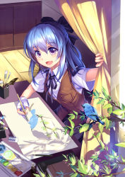Rule 34 | 1girl, :d, bird, bison cangshu, black bow, black ribbon, blue hair, bluebird, blush, book, bow, branch, breast pocket, brown vest, buttons, curtains, desk, eraser, from side, gloves, hair between eyes, hair bow, half updo, holding, holding paintbrush, leaf, long hair, looking at viewer, neck ribbon, open mouth, original, paint, paint tube, paintbrush, painting (action), painting (object), palette (object), partially fingerless gloves, pencil, pocket, purple eyes, revision, ribbon, school uniform, short sleeves, sitting, smile, solo, vest