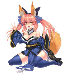 Rule 34 | 10s, 1girl, animal ears, bare shoulders, blue thighhighs, bow, breasts, cleavage, detached sleeves, fang, fate/extra, fate (series), female focus, fox ears, fox shadow puppet, fox tail, hair bow, hair ribbon, japanese clothes, large breasts, long hair, m/, open mouth, pink hair, ribbon, simple background, sitting, solo, tail, tamamo (fate), tamamo no mae (fate/extra), thighhighs, twintails, white background, yellow eyes