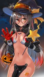 Rule 34 | 1girl, absurdres, breasts, brown hair, glasses, gloves, halloween, hat, highres, hololive, jack-o&#039;-lantern, long hair, looking at viewer, mechanical arms, medium breasts, medium hair, navel, roboco-san, roboco-san (1st costume), satobitob, solo, teardrop-framed glasses, virtual youtuber, wand, witch hat, yellow eyes