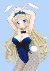 Rule 34 | 10s, 1girl, animal ears, armpits, arms up, blonde hair, blue eyes, bow, bowtie, breasts, cecilia alcott, cleavage, detached collar, fake animal ears, infinite stratos, large breasts, leotard, long hair, nanagami ginji, pantyhose, playboy bunny, rabbit ears, rabbit tail, solo, tail, very long hair, wrist cuffs