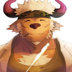 Rule 34 | 1boy, ^ ^, animal ears, bara, brown fur, camouflage, camouflage headwear, chest hair, closed eyes, commentary request, cow ears, cow horns, furry, furry male, green tank top, headband, highres, horns, lab coat, male focus, mature male, minotaur, mint, muscular, muscular male, pectoral cleavage, pectorals, portrait, purple horns, shennong (housamo), short hair, sideburns, smile, solo, straight-on, tank top, tokyo houkago summoners, torakku (toratruck9), white hair