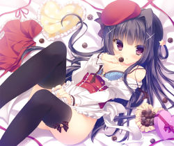 Rule 34 | 1girl, beret, black hair, black thighhighs, blue bra, blush, bra, breasts, chocolate, clothes pull, covering privates, covering crotch, hair ornament, hat, heart, heart-shaped pillow, knee up, long hair, long sleeves, looking at viewer, lying, off shoulder, on back, open clothes, open shirt, parted lips, pillow, polka dot, polka dot bra, purple eyes, shirt, shirt pull, skirt, unworn skirt, small breasts, thighhighs, underwear, x hair ornament, yukie (peach candy)