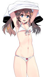 Rule 34 | 1girl, armpits, arms up, blue eyes, blush, bow, bow panties, bra, brown hair, collarbone, convenient censoring, cowboy shot, flat chest, front-tie top, hair bobbles, hair ornament, highres, kouno (masao), looking at viewer, navel, no pants, open mouth, original, panties, simple background, smile, solo, twintails, underwear, undressing, white background, white bra, white panties