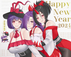 Rule 34 | 2024, 3girls, :d, ;d, adapted costume, aroevela, ascot, black hair, breasts, bright pupils, character name, cleavage, closed mouth, hair over one eye, happy new year, highres, horns, japanese clothes, kimono, konngara (touhou), large breasts, looking at viewer, meira (touhou), multiple girls, nagae iku, new year, one eye closed, oni horns, open mouth, ponytail, purple eyes, purple hair, red ascot, red eyes, red horns, red kimono, short hair, signature, single horn, smile, sukusuku hakutaku, touhou, touhou (pc-98), white pupils
