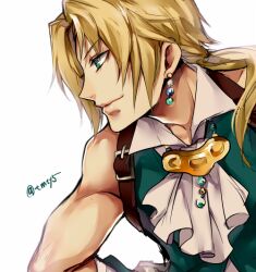 Rule 34 | 1boy, ascot, beads, blonde hair, commentary, dangle earrings, earrings, facing to the side, final fantasy, final fantasy ix, green eyes, green vest, hair over shoulder, hand on own hip, high collar, jewelry, light smile, long hair, male focus, muscular, muscular male, parted bangs, ponytail, shoulder belt, signature, solo, tama (tmfy5), upper body, vest, zidane tribal