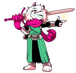 Rule 34 | 1boy, acenth, barefoot, bracer, deltarune, dungeons &amp; dragons, fingerless gloves, full body, furry, glasses, gloves, goat boy, hand on own hip, holding, holding sword, holding weapon, horns, pink eyes, pink horns, pink scarf, pointing, ralsei, scarf, sparkle, standing, sword, tongue, tongue out, weapon