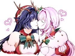 2girls bare_shoulders bell breasts cleavage closed_eyes commentary dress elf elysia_(honkai_impact) fake_antlers fur-trimmed_dress fur_trim heart honkai_(series) honkai_impact_3rd kiss large_breasts medium_breasts multiple_girls neck_bell pink_hair pointy_ears purple_hair raiden_mei rrawpasta santa_dress see-through_cleavage see-through_clothes simple_background upper_body white_background yuri