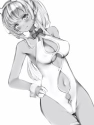 Rule 34 | 1girl, animal ears, breasts, cleavage, cleavage cutout, clothing cutout, dark-skinned female, dark skin, dutch angle, fake animal ears, greyscale, hairband, hand on own hip, highres, hololive, large breasts, leotard, monochrome, nanashi (nlo), navel, pointy ears, ponytail, pout, rabbit ears, shiranui flare, shiranui flare (1st costume), solo, underboob, underboob cutout, upper body, virtual youtuber, wrist cuffs