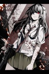 Rule 34 | 1girl, bad id, bad pixiv id, blood, blood on face, blood splatter, blouse, dutch angle, grey hair, gun, hair ornament, hair over one eye, hairclip, koubou, letterboxed, long hair, necktie, original, red eyes, school uniform, shirt, skirt, smile, solo, weapon
