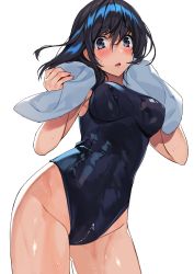 Rule 34 | 1girl, absurdres, black eyes, black hair, black one-piece swimsuit, breasts, comeo (komeo15), contrapposto, cowboy shot, crotch zipper, day, fence, from below, highres, long hair, looking at viewer, medium breasts, new school swimsuit, one-piece swimsuit, original, school swimsuit, simple background, sky, solo, standing, swimsuit, towel, towel around neck, tree, wet, wet clothes, wet swimsuit, white background, white towel, zipper, zipper pull tab