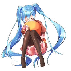 Rule 34 | 1girl, bad id, bad pixiv id, blue hair, cellphone, closed eyes, hatsune miku, hugging object, long hair, phone, pillow, pillow hug, sakuragi ren, simple background, skirt, solo, thighhighs, twintails, very long hair, vocaloid, white background