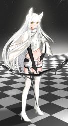 Rule 34 | 1girl, absurdres, animal ear fluff, animal ears, arknights, black gloves, boots, bridal gauntlets, checkered floor, chinese commentary, commentary request, crop top, full body, gloves, high heel boots, high heels, highres, huanyi huanhuanzi, incredibly absurdres, jacket, long hair, long sleeves, looking at viewer, midriff, navel, platinum (arknights), shadow, short shorts, shorts, silver hair, solo, standing, stomach, thigh boots, thighhighs, very long hair, white footwear, white jacket, white shorts, wide sleeves, yellow eyes