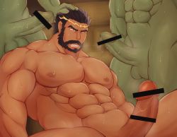 Rule 34 | 3boys, abs, bar censor, bara, black hair, blush, censored, colored skin, erection, facial hair, gazel dwargo, green skin, group sex, hand on another&#039;s head, highres, interspecies, kareraisu, large pectorals, large penis, male focus, male pubic hair, mature male, mmm threesome, multiple boys, muscular, muscular male, mustache, navel, navel hair, nipples, old, old man, orc, paid reward available, pectorals, penis, precum, pubic hair, paid reward available, short hair, solo focus, stomach, sweat, tensei shitara slime datta ken, thighs, threesome, veins, veiny penis, yaoi