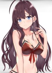 Rule 34 | 1girl, ahoge, bare arms, bare shoulders, blue eyes, bra, breasts, brown hair, cleavage, closed mouth, collarbone, front-tie bra, front-tie top, groin, hair intakes, hand up, honeycomb (pattern), ichinose shiki, idolmaster, idolmaster cinderella girls, kanikou, large breasts, long hair, looking at viewer, nail polish, navel, red bra, red nails, sidelocks, solo, stomach, underwear, upper body