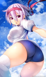 1girl :o ass blue_sky breasts buruma cameltoe cloud day eyebrows eyelashes female_focus from_behind from_below gym_uniform hair_between_eyes headband highres large_breasts lens_flare looking_at_viewer looking_back ooyama_kina open_mouth original purple_hair red_eyes short_hair short_sleeves skin_tight sky solo thighhighs white_thighhighs