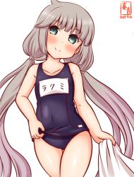 Rule 34 | 1girl, alternate costume, artist logo, blue one-piece swimsuit, blunt bangs, collarbone, commentary request, covered navel, cowboy shot, dated, eyebrows hidden by hair, flat chest, green eyes, grey hair, kanon (kurogane knights), kantai collection, long hair, looking at viewer, low twintails, mikura (kancolle), name tag, one-hour drawing challenge, one-piece swimsuit, school swimsuit, school swimsuit flap, simple background, smile, solo, swimsuit, twintails, white background