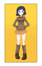 Rule 34 | 1girl, absurdres, arms behind back, asutoro (s--t), black bodysuit, black eyes, black hair, blush stickers, bodysuit, boots, brown footwear, brown jacket, chi-hatan military uniform, closed mouth, commentary request, curly hair, full body, girls und panzer, highres, jacket, knee boots, long sleeves, looking at viewer, military, military uniform, miniskirt, parade rest, partial commentary, pleated skirt, short hair, simple background, skirt, smile, solo, standing, teramoto tomiko, uniform, yellow background, yellow skirt, zipper