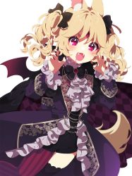 Rule 34 | 1girl, :d, aldin nicola, animal ear fluff, animal ears, black bow, black coat, black shirt, black shorts, black thighhighs, blonde hair, blood, blood from mouth, bow, brooch, claw pose, coat, fangs, forehead jewel, frilled coat, frills, hair between eyes, hair bow, hands up, highres, jewelry, long hair, long sleeves, looking at viewer, mamyouda, nail polish, open mouth, pantyhose, purple eyes, red nails, seventh happiness, shirt, short eyebrows, short shorts, shorts, simple background, single leg pantyhose, single thighhigh, sleeves past wrists, smile, solo, striped clothes, striped pantyhose, thick eyebrows, thighhighs, transparent background, two side up, vertical-striped clothes, vertical-striped pantyhose, virtual youtuber, white background