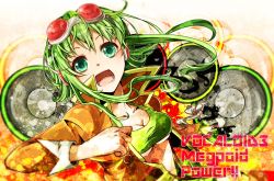 Rule 34 | 1girl, breasts, female focus, goggles, goggles on head, gradient background, green eyes, green hair, gumi, gumi (v3 megpoid), headphones, jacket, matching hair/eyes, nou (nounknown), open mouth, short hair, smile, solo, suspenders, underboob, upper body, vocaloid