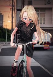 Rule 34 | 1girl, absurdres, backpack, bad id, bad twitter id, bag, bicycle, black dress, blonde hair, blue eyes, closed mouth, dress, gishiki (gshk), green eyes, highres, long hair, nike (company), original, photo background, red footwear, riding, riding bicycle, shoes, short dress, short sleeves, smile, socks, solo, white socks