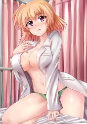 Rule 34 | 1girl, blonde hair, breasts, earrings, green panties, highres, jewelry, lace, lace-trimmed panties, lace trim, large breasts, lyrical nanoha, mahou shoujo lyrical nanoha, mahou shoujo lyrical nanoha a&#039;s, mahou shoujo lyrical nanoha strikers, no bra, no pants, open clothes, open shirt, panties, purple eyes, shamal, shirt, skywalker0610, solo, underwear