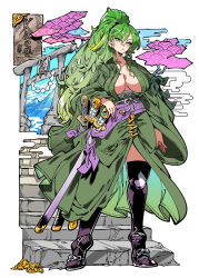 Rule 34 | 1girl, breasts, cleavage, coin, earrings, genderswap, genderswap (mtf), green hair, green kimono, japanese clothes, jewelry, kafun, katana, kimono, large breasts, original, ponytail, scabbard, sheath, sheathed, solo, stairs, sword, thighhighs, torii, weapon