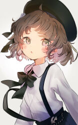 Rule 34 | 1girl, :o, absurdres, ahoge, beret, black bow, black hat, black skirt, blush, bow, brown eyes, brown hair, collared shirt, commentary request, grey background, hat, hatoba tsugu, highres, looking at viewer, parted lips, sha2mo, shirt, short hair, simple background, skirt, solo, suspender skirt, suspenders, tsugu (vtuber), upper body, virtual youtuber, white shirt