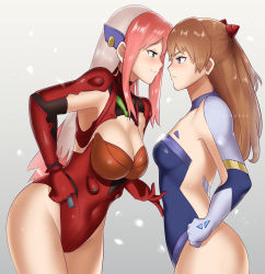 Rule 34 | 2girls, adapted costume, ballpoint pen (medium), birdy cephon altera, blue eyes, blush, bodysuit, breasts, brown hair, cleavage, closed mouth, commission, cosplay, costume switch, crossover, curvy, dyed bangs, ganzu, gloves, graphite (medium), hair ornament, highleg, highleg leotard, highres, large breasts, latex, latex bodysuit, leotard, long hair, multiple girls, neon genesis evangelion, plugsuit, sideboob, simple background, smile, smug, souryuu asuka langley, souryuu asuka langley (cosplay), tetsuwan birdy decode, traditional media, twintails