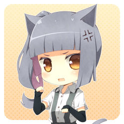 Rule 34 | 10s, 1girl, anger vein, animal ears, cat ears, cat tail, chibi, fang, kantai collection, kasumi (kancolle), kemonomimi mode, kouji (campus life), lowres, open mouth, paw pose, personification, ponytail, rectangular mouth, school uniform, side ponytail, silver hair, solo, suspenders, tail, yellow eyes
