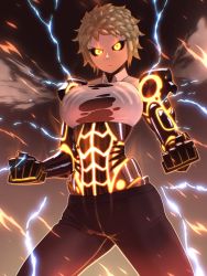 Rule 34 | 1girl, black sclera, blonde hair, clenched hand, closed mouth, collared shirt, colored sclera, cowboy shot, cyborg, embers, genderswap, genderswap (mtf), genos, glowing, highres, legs apart, lightning, looking at viewer, mechanical arms, one-punch man, saku ram, serious, shirt, short hair, solo, steam, yellow eyes