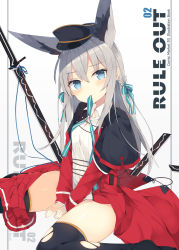 Rule 34 | 1girl, animal ears, between legs, black capelet, black hat, black thighhighs, blue eyes, blue ribbon, blush, bow, braid, capelet, closed mouth, collared shirt, commentary request, cover, cover page, dress, feet out of frame, fox ears, grey hair, hair between eyes, hair bow, hair ribbon, hand between legs, hat, head tilt, highres, long hair, long sleeves, looking at viewer, military hat, mouth hold, nibiiro shizuka, no shoes, original, peaked cap, pleated skirt, red dress, red skirt, ribbon, ribbon in mouth, shirt, sitting, skirt, skirt around one leg, sleeves past wrists, solo, striped bow, striped ribbon, sword, thighhighs, torn clothes, torn thighhighs, very long hair, wariza, weapon