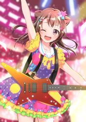 Rule 34 | 1girl, ;d, absurdres, arm up, bad id, bad pixiv id, bang dream!, blurry, blurry background, brown hair, commentary request, cone hair bun, confetti, cowboy shot, electric guitar, frilled sleeves, frills, guitar, hair bun, hair ornament, highres, instrument, long hair, looking at viewer, multicolored clothes, multicolored shirt, multicolored skirt, one eye closed, open mouth, polka dot, purple eyes, sailor collar, skirt, smile, solo, star (symbol), star hair ornament, suspenders, toyama kasumi